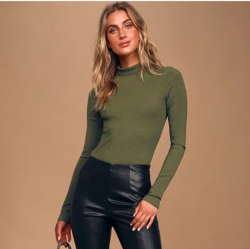 Lulus Wilde Olive Greene Ribbed Long Sleeve Mock Neck Bodysuit. Large - Picture 2 of 7